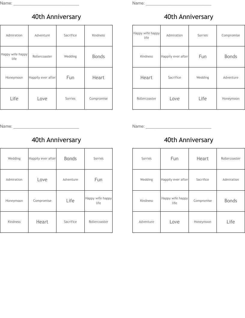 40th Anniversary Bingo Cards