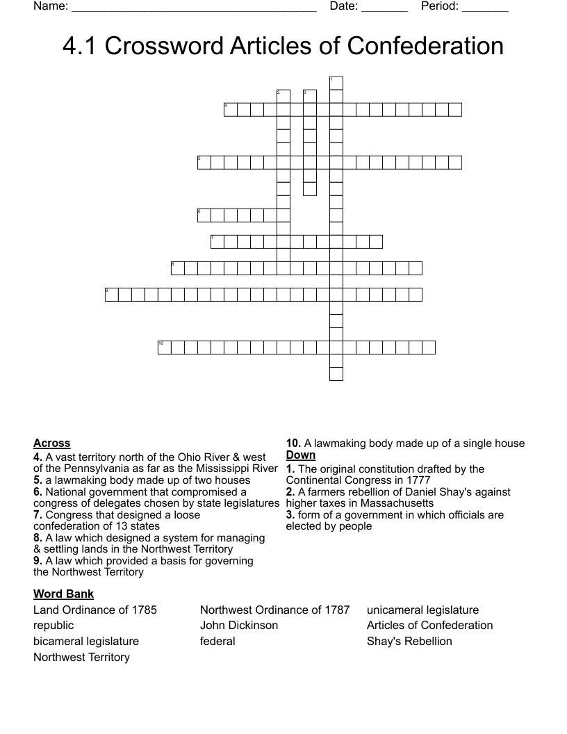 4.1 Crossword Articles of Confederation 