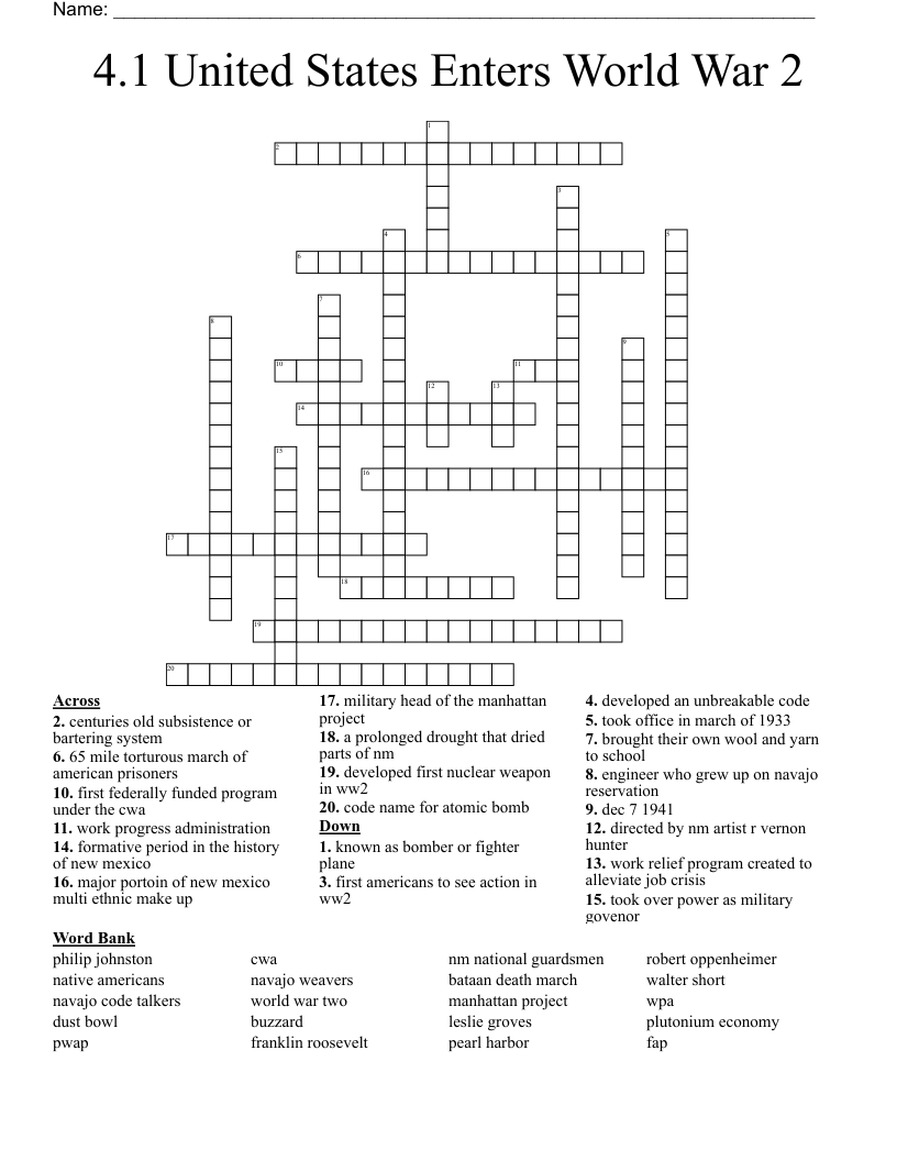 4.1 United States Enters World War 2 Crossword