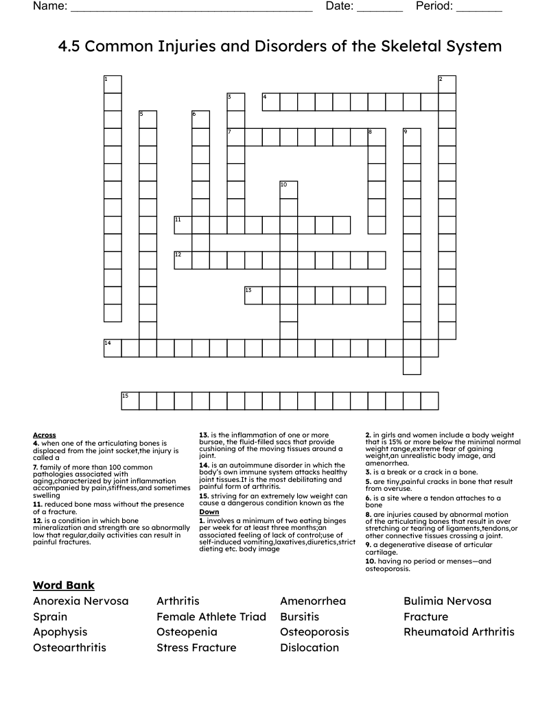 4.5 Common Injuries and Disorders of the Skeletal System Crossword