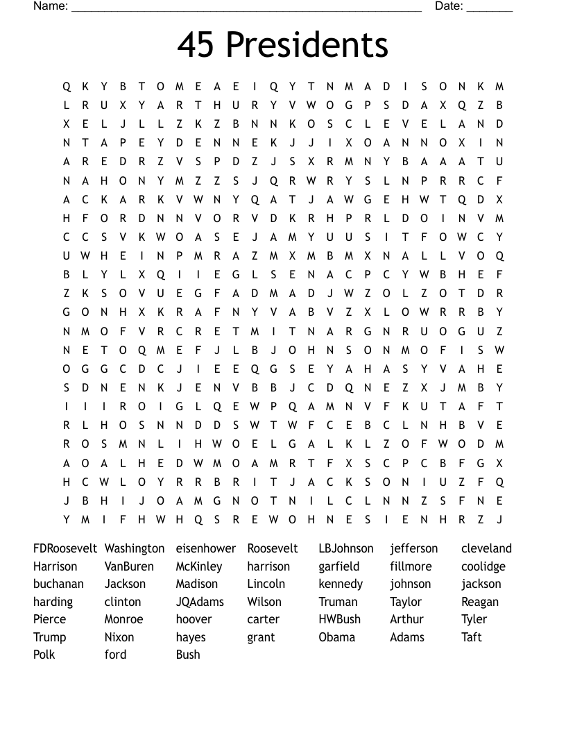 45 Presidents Word Search