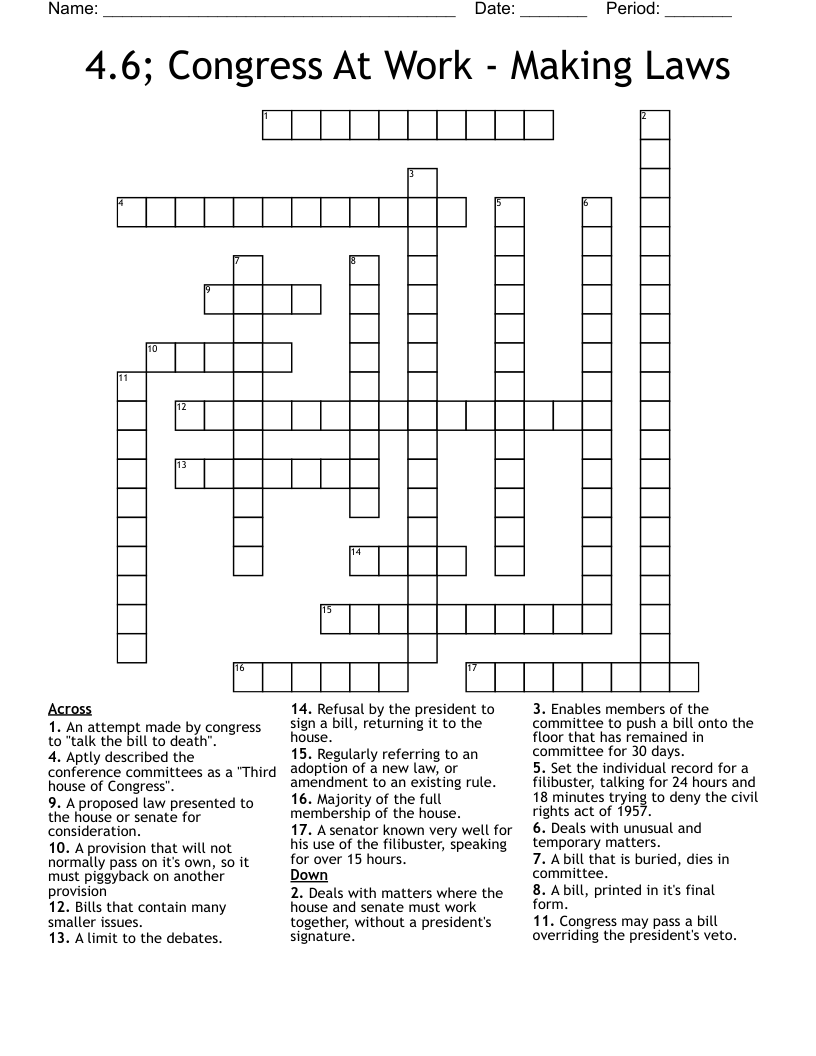 4.6; Congress At Work - Making Laws Crossword