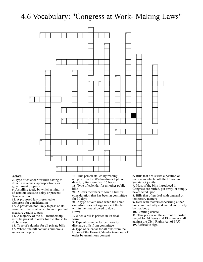 4.6 Vocabulary: "Congress at Work- Making Laws" Crossword