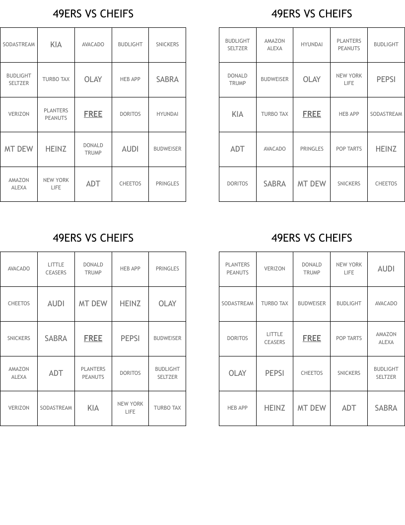 49ERS VS CHEIFS Bingo Cards