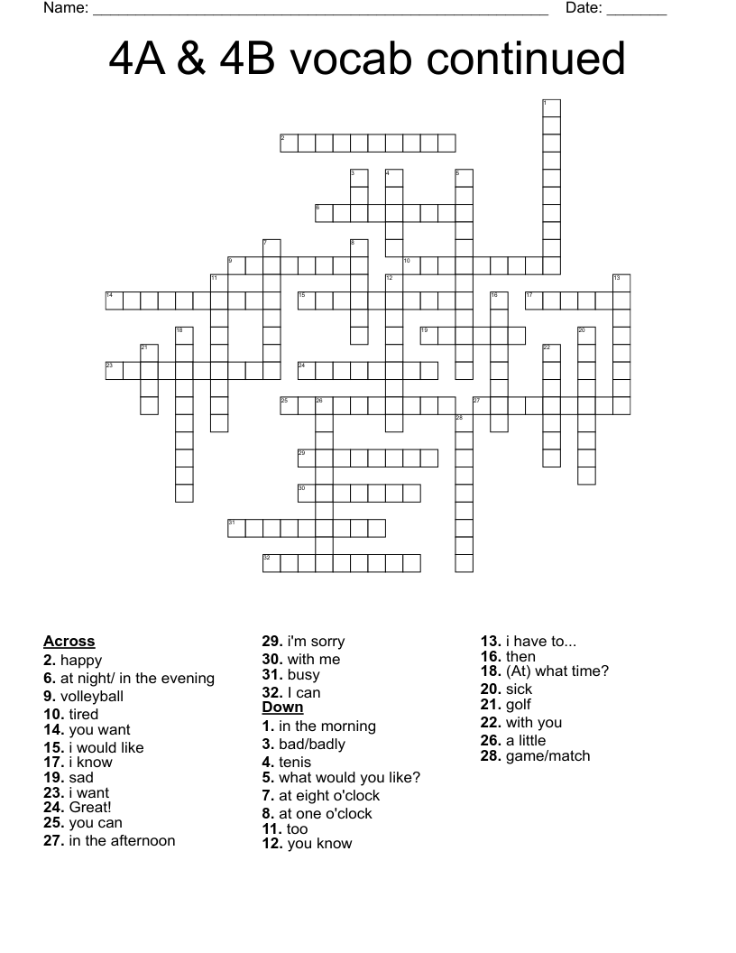 4A & 4B vocab continued Crossword
