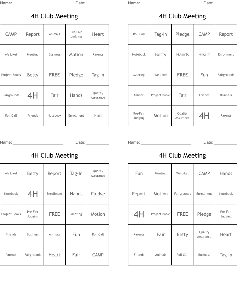 4H Club Meeting Bingo Cards