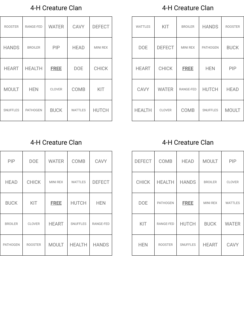 4-H Creature Clan  Bingo Cards