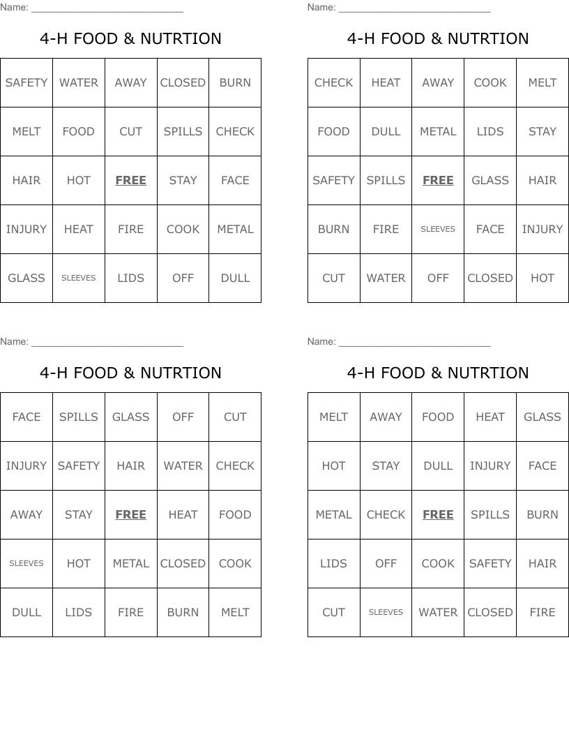 4-H FOOD & NUTRTION Bingo Cards