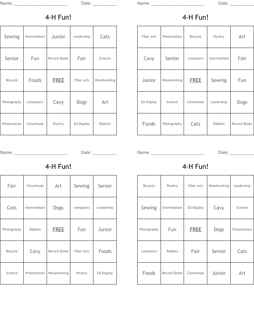 4-H Fun! Bingo Cards