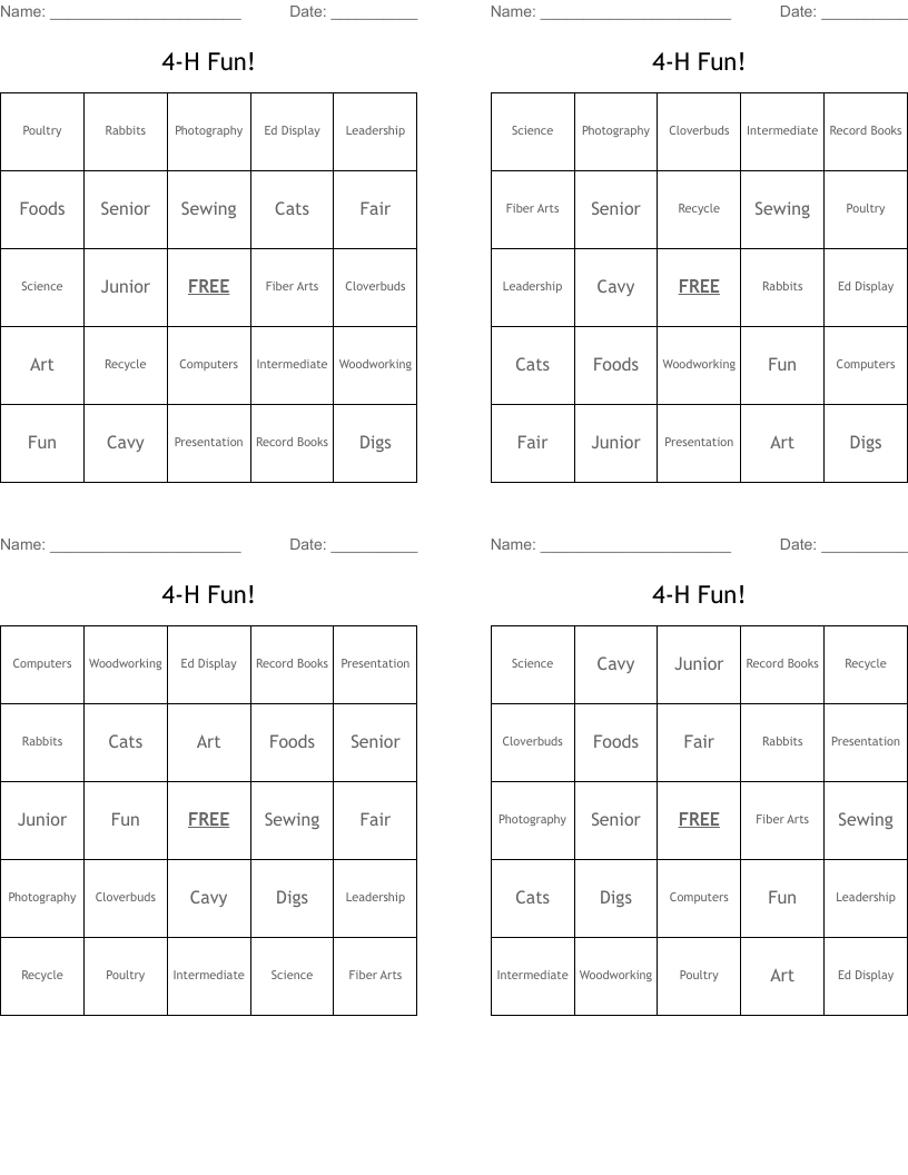 4-H Fun! Bingo Cards