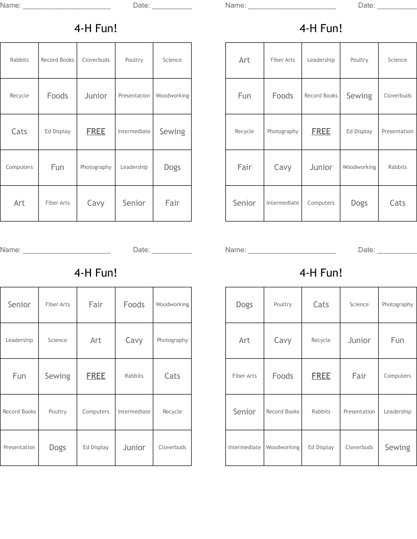 4-H Fun! Bingo Cards
