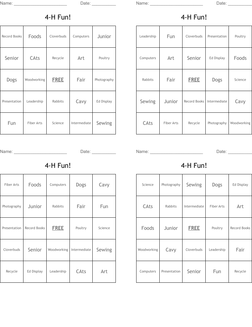 4-H Fun! Bingo Cards