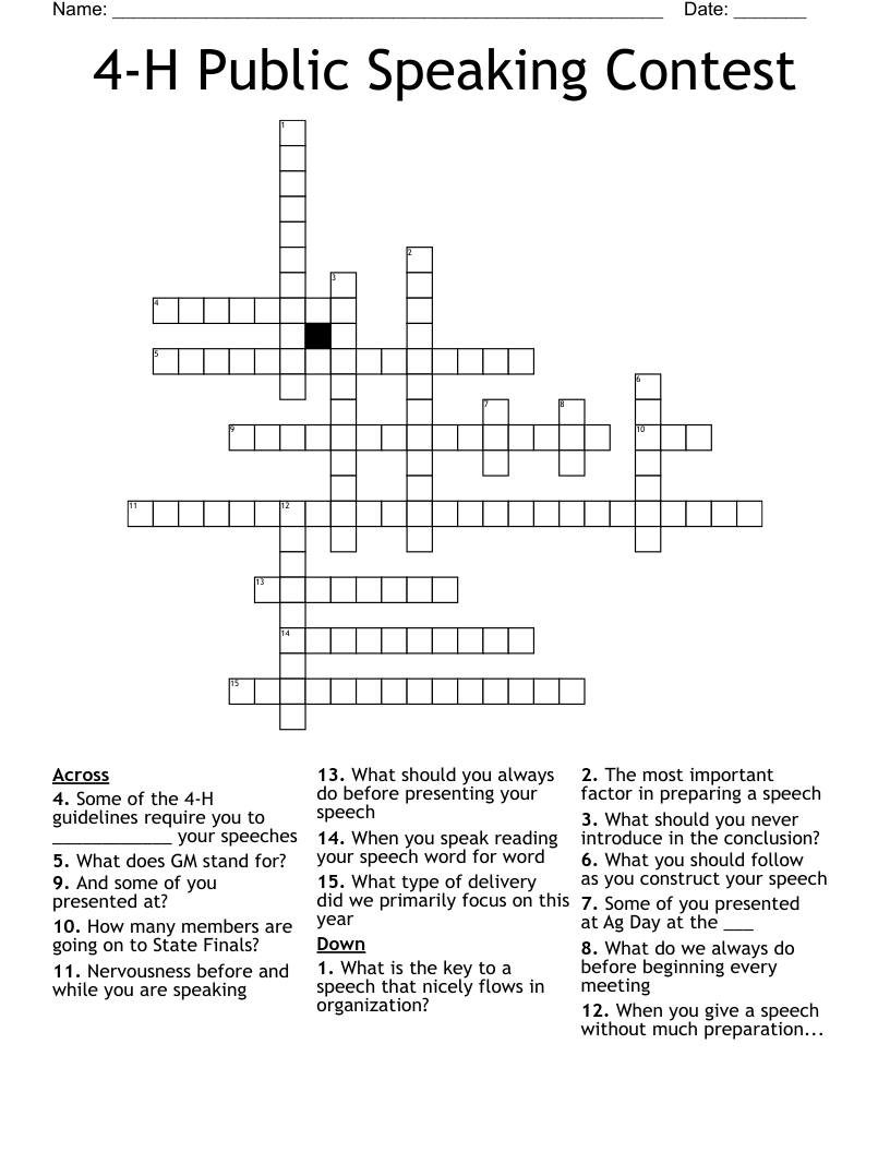 4-H Public Speaking Contest Crossword