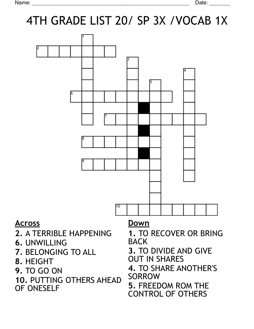 4TH GRADE LIST 20/ SP 3X /VOCAB 1X Crossword