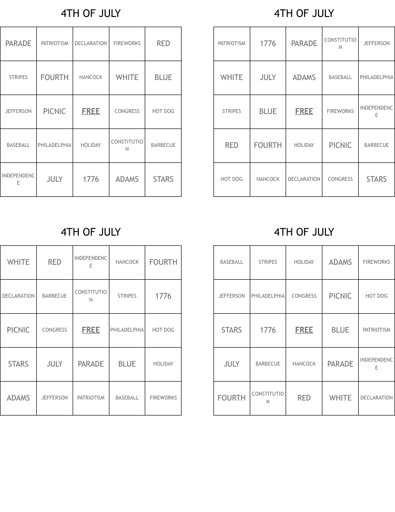 4TH OF JULY Bingo Cards