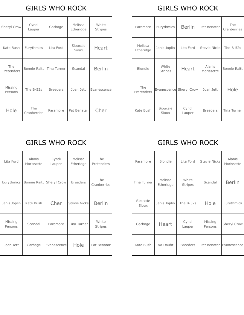 GIRLS WHO ROCK Bingo Cards