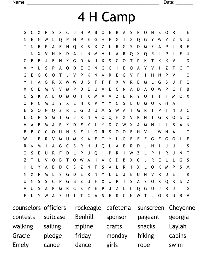 4 H Camp Word Search