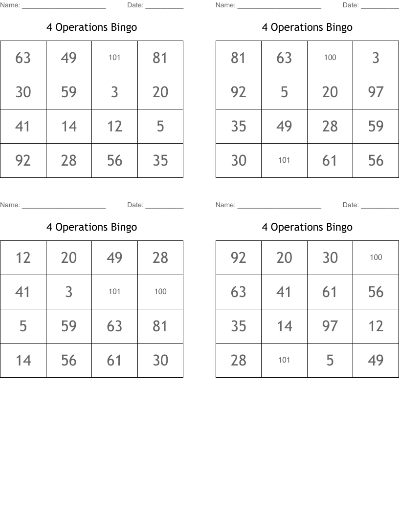 4 Operations Bingo