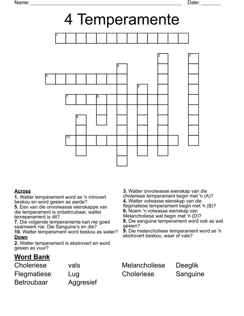 4 Temperamente Crossword