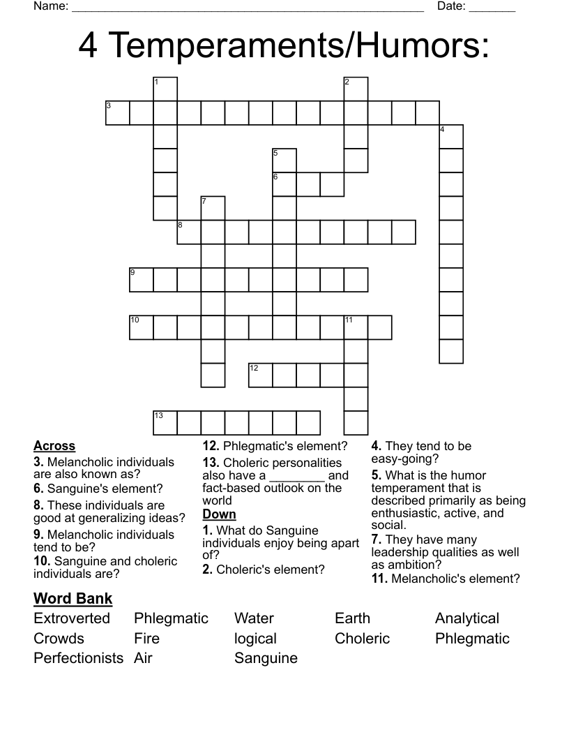 4 Temperaments/Humors: Crossword