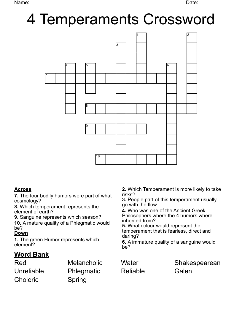 4 Temperaments Crossword 