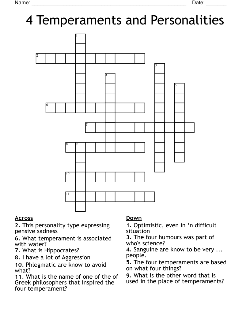 4 Temperaments and Personalities Crossword