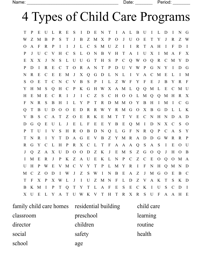 4 Types of Child Care Programs Word Search