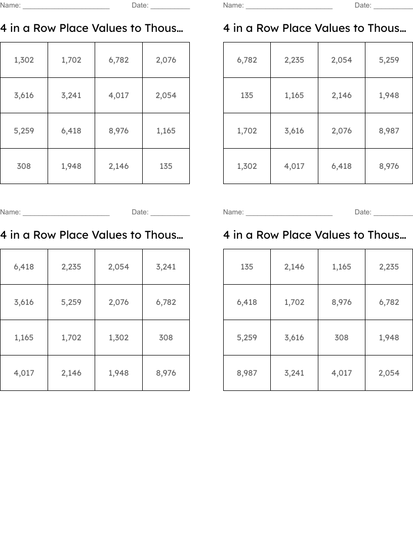 4 in a Row Place Values to Thousands Bingo Cards