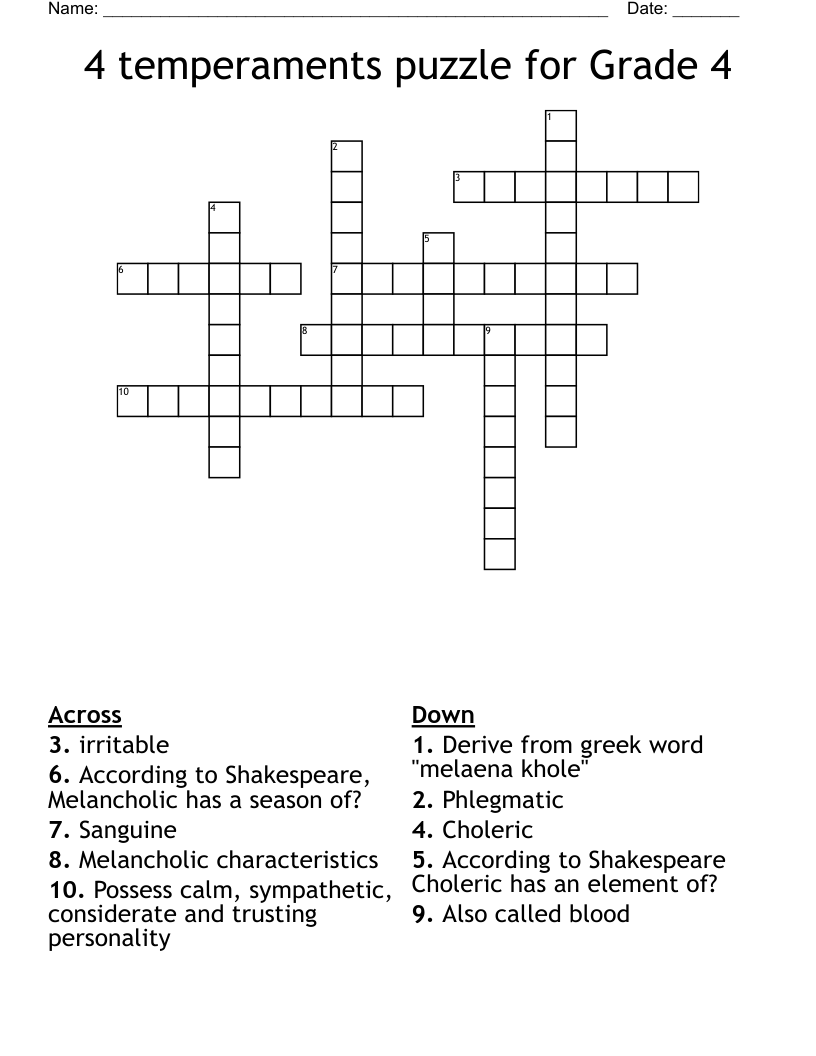 4 temperaments puzzle for Grade 4 Crossword
