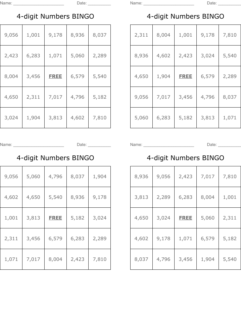 4-digit Numbers BINGO