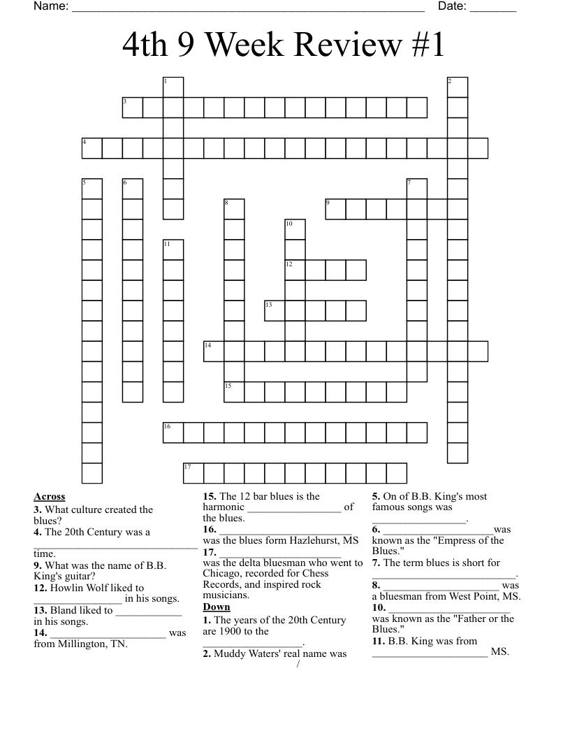 4th 9 Week Review #1 Crossword