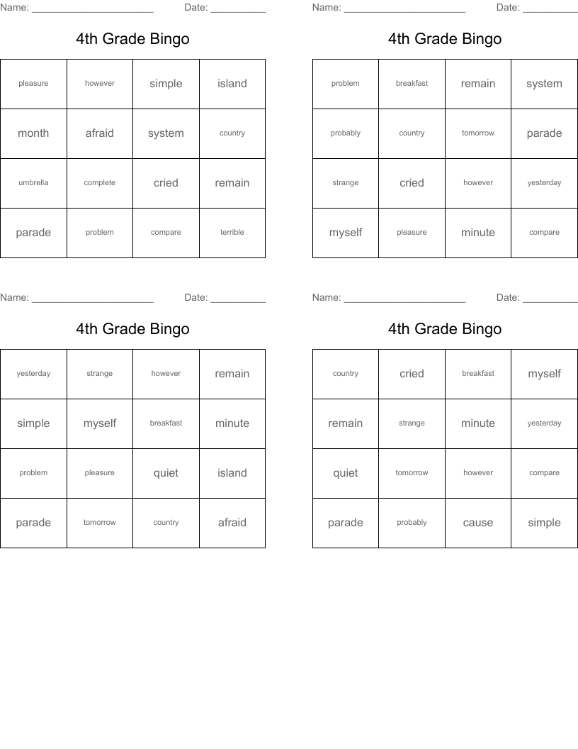 4th Grade Bingo