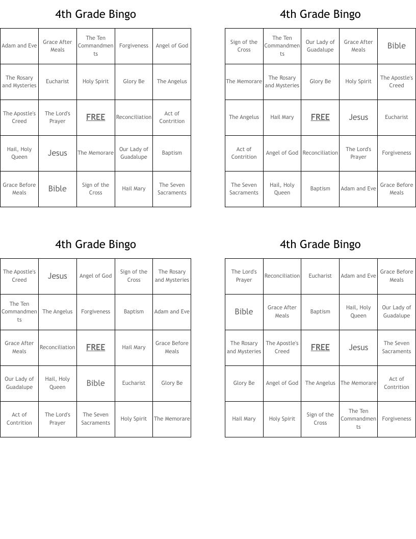 4th Grade Bingo
