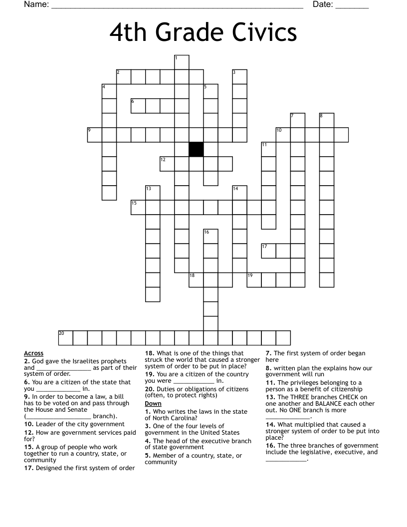 4th Grade Civics Crossword