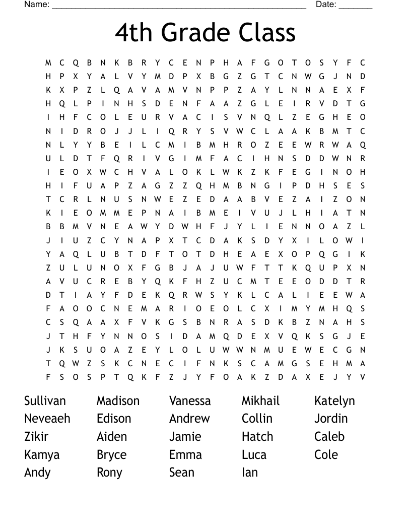 4th Grade Class Word Search