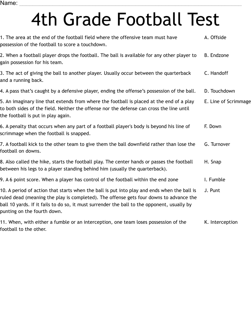 4th Grade Football Test  Worksheet