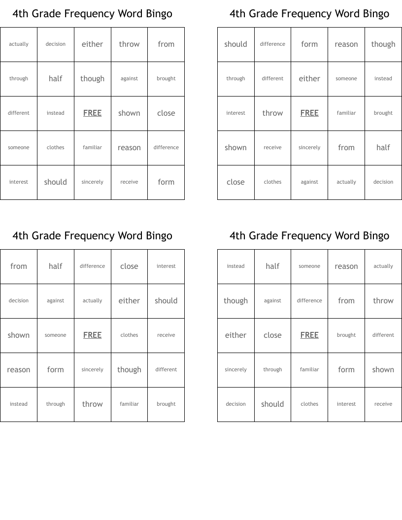 4th Grade Frequency Word Bingo