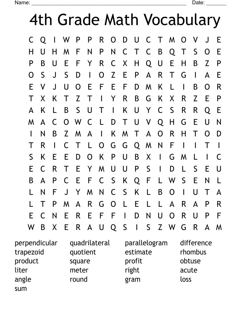 4th Grade Math Vocabulary Word Search