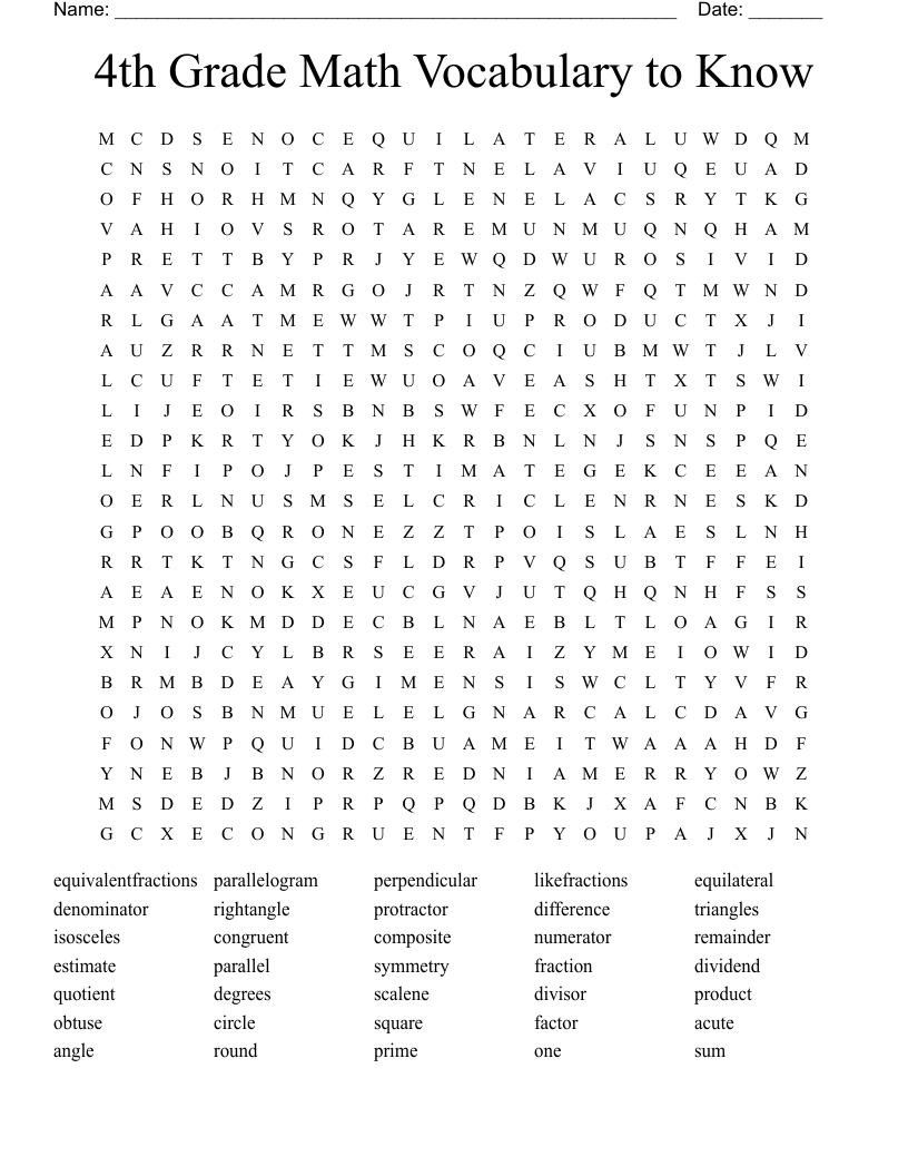 4th Grade Math Vocabulary to Know Word Search