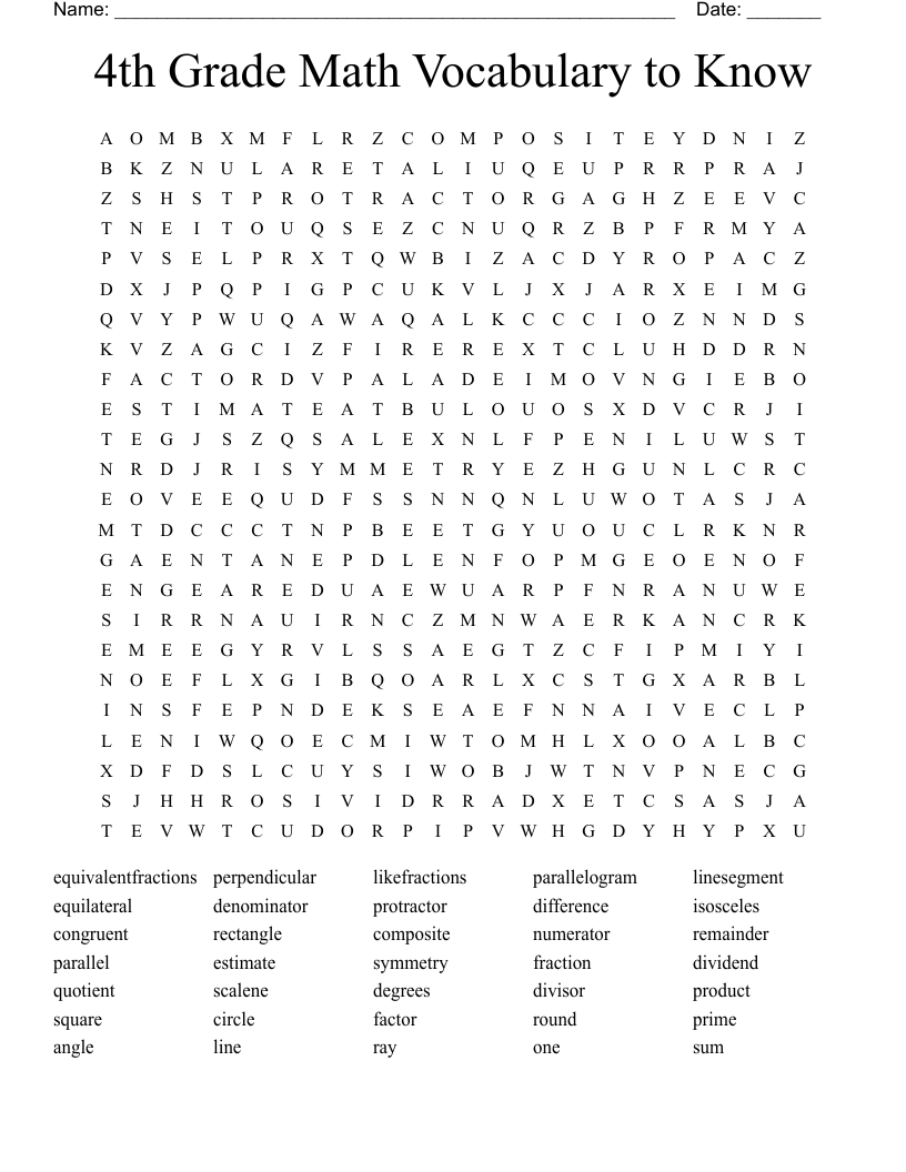 4th Grade Math Vocabulary to Know Word Search