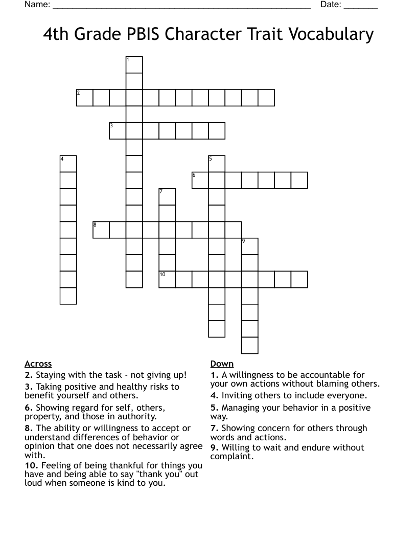 4th Grade PBIS Character Trait Vocabulary Crossword