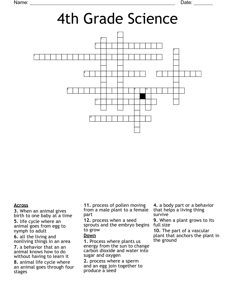 4th Grade Science Crossword
