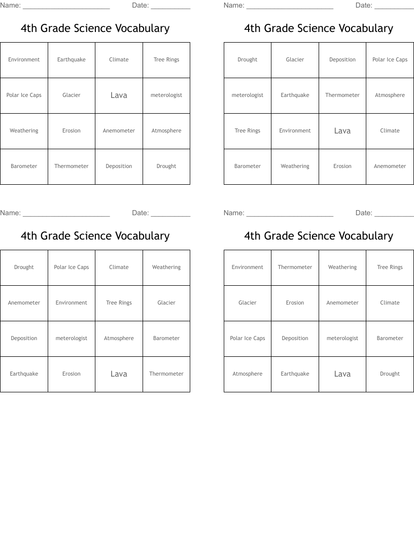 4th Grade Science Vocabulary Bingo Cards