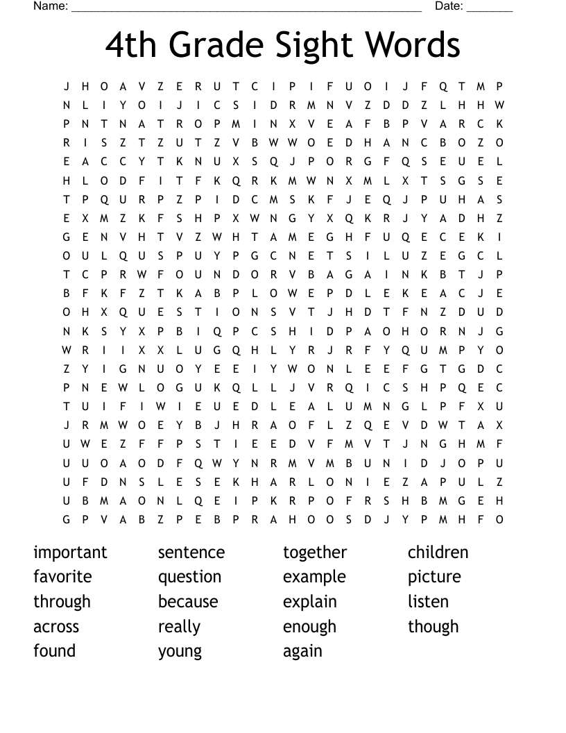 4th Grade Sight Words Word Search