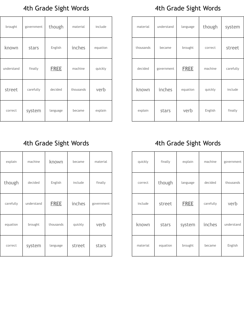4th Grade Sight Words Bingo Cards