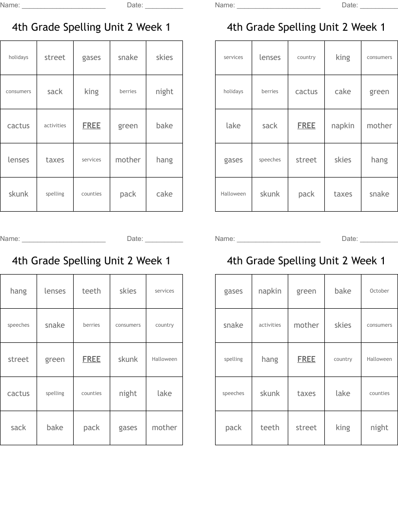 4th Grade Spelling Unit 2 Week 1 Bingo Cards