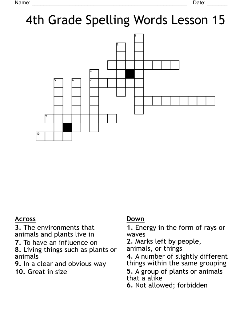 4th Grade Spelling Words Lesson 15 Crossword