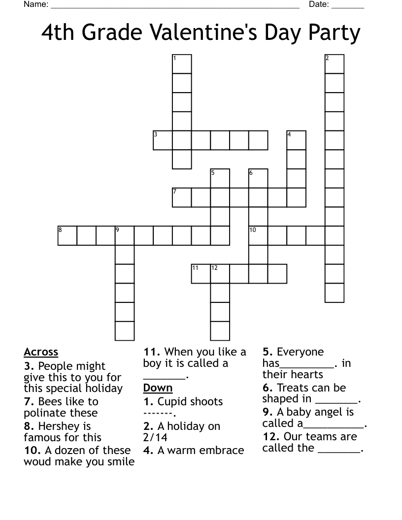 4th Grade Valentine's Day Party Crossword