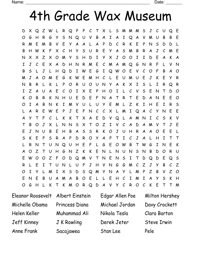 4th Grade Wax Museum Word Search