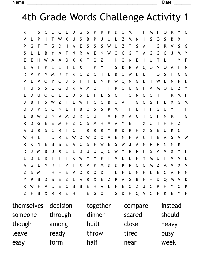4th Grade Words Challenge Activity 1 Word Search